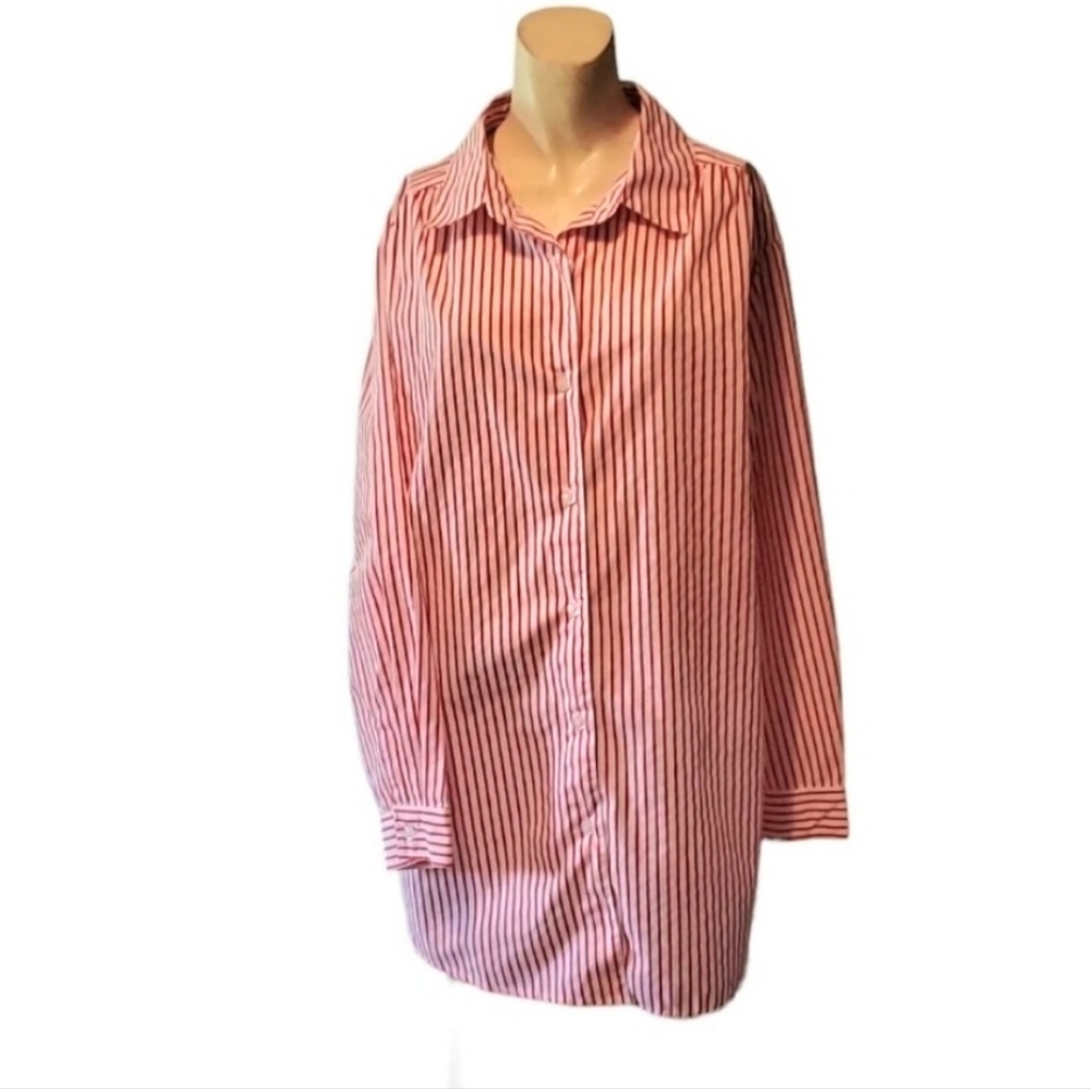 ROAMANS Red & White Stripes Loose Fitting Womens Button Up Shirt Blouse Large
